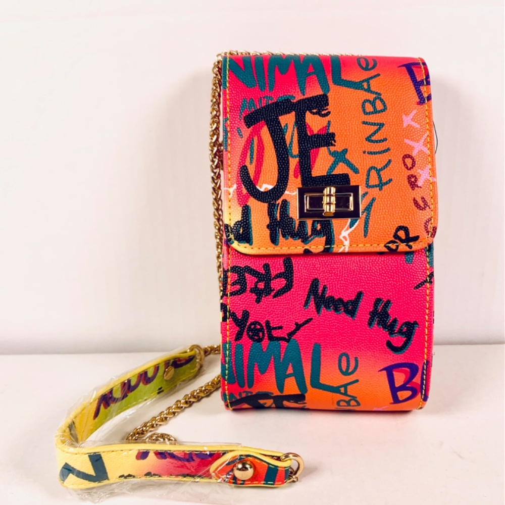 Hello 3AM graffiti streetwear gold tone chain pink blue orange black crossbody - Picture 2 of 16